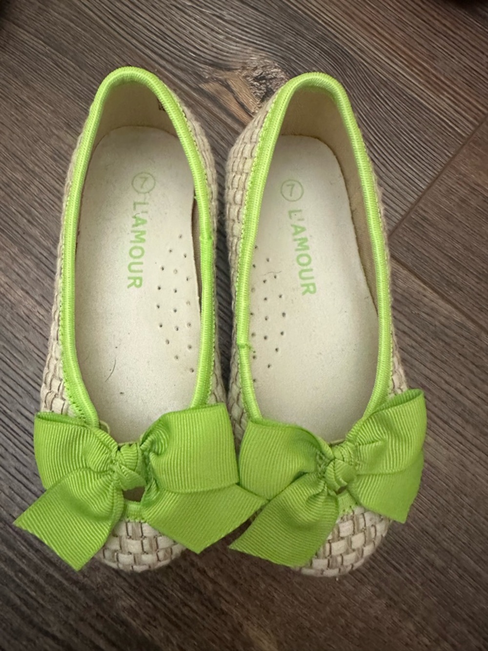 L'Amour Woven Ballet Flats with Neon Green Bow Trim